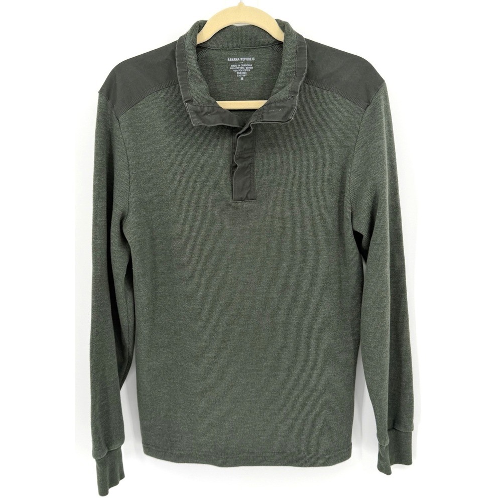 Banana Republic Mens MED 1/4 Button Henley‎ Shirt Green Cotton Blend Long Sleeve